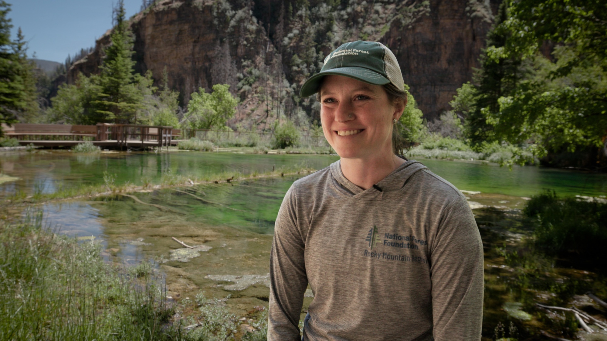 National Forest Foundation project lead Emily Kasyon beside Hanging Lake on June 18, 2026.