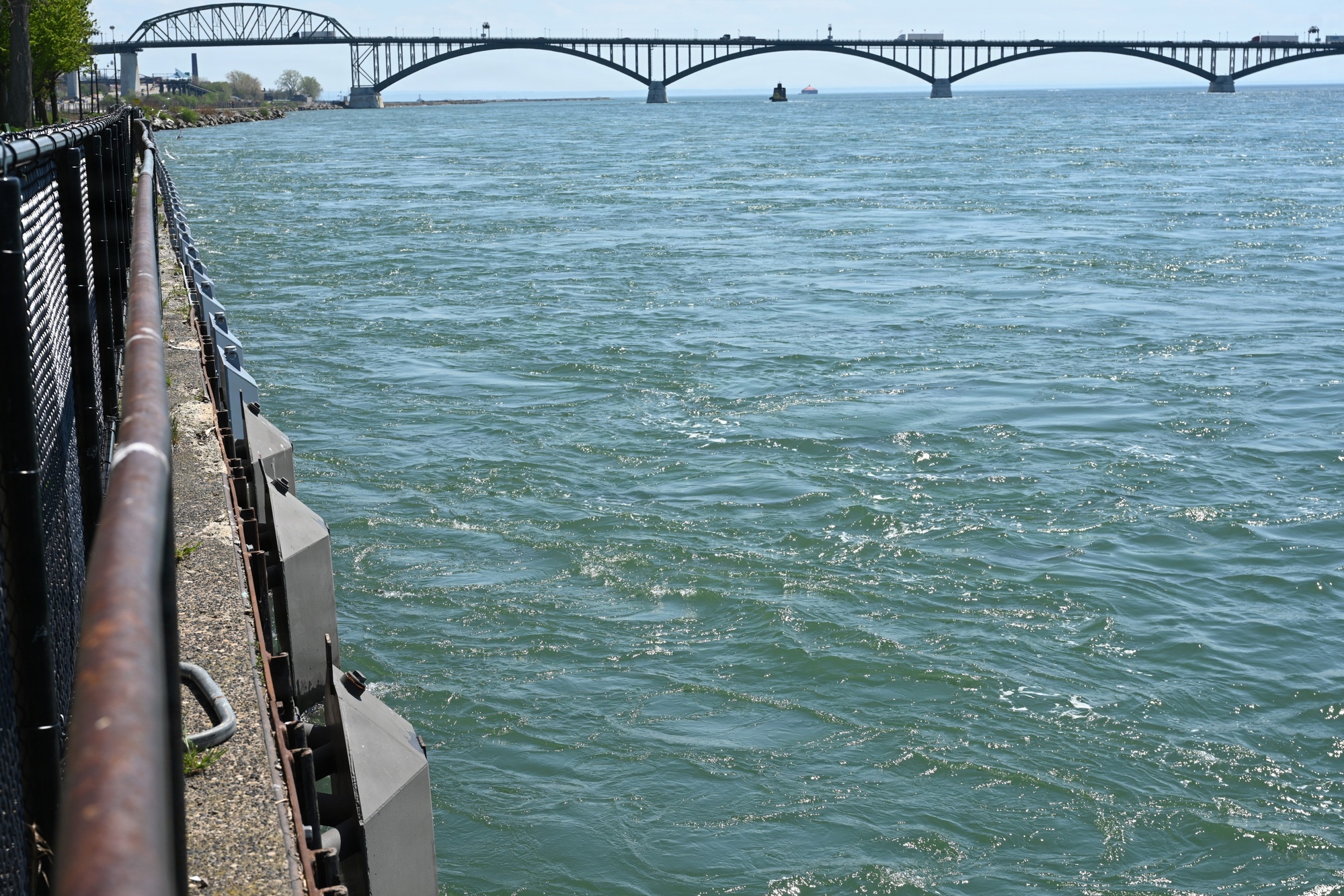 The Niagara River bridge and fish-passage baffles along the Buffalo seawall on May 18, 2026.