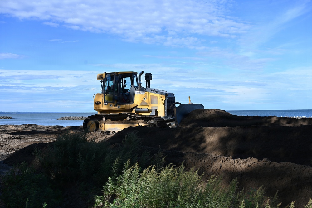 A bulldozer spreads sand at Presque Isle State Park on September 23, 2026.