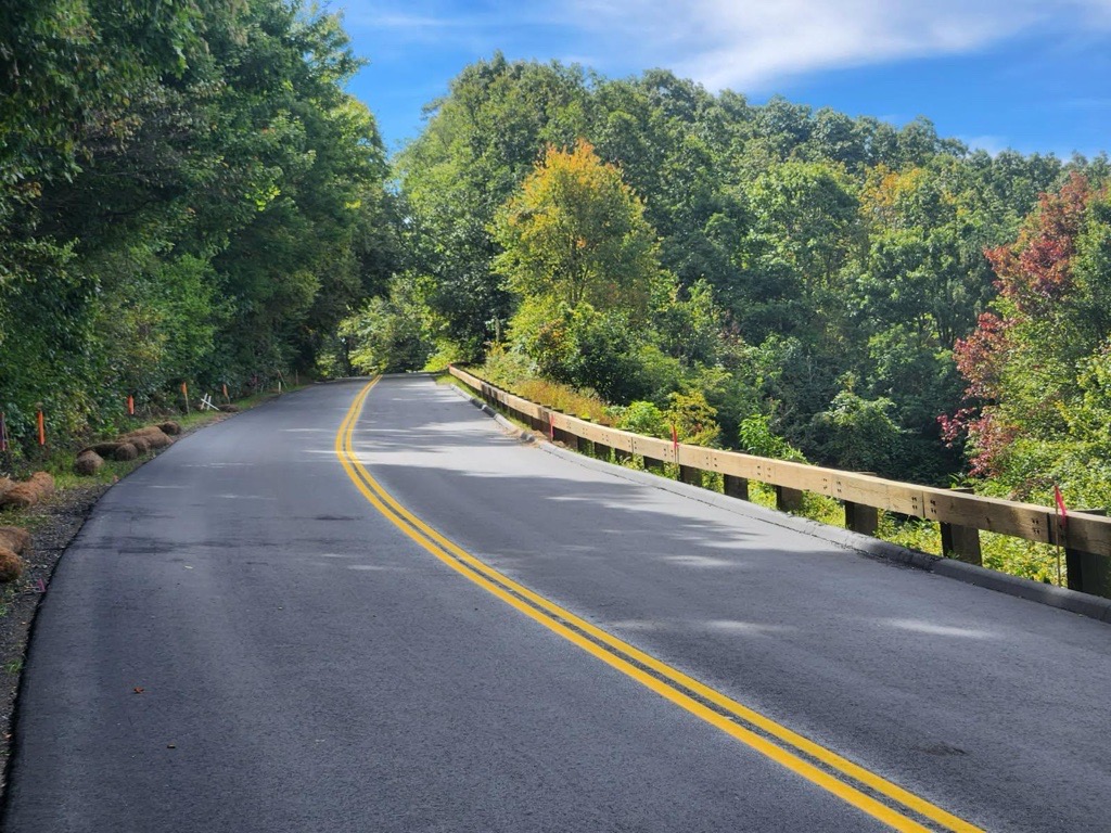 Repaired Blue Ridge Parkway roadway near Linville Falls, North Carolina, supplied with the NPS October 5, 2026 progress report; exact capture date not supplied.
