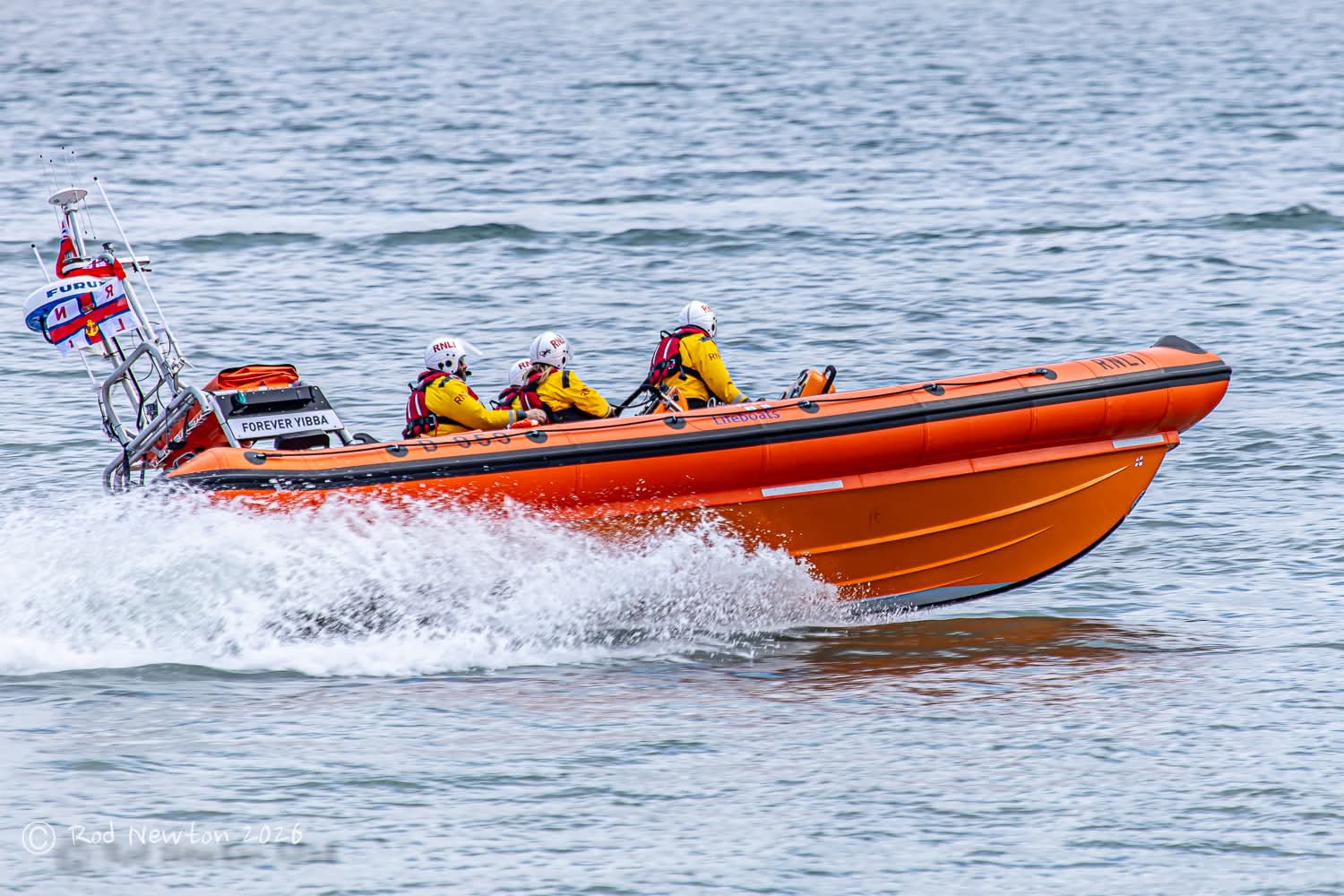 RNLI lifeboat Forever Yibba at sea, photographed by Rod Newton. This RNLI-supplied lifeboat photograph is not verified as an image of the October 10 rescue.