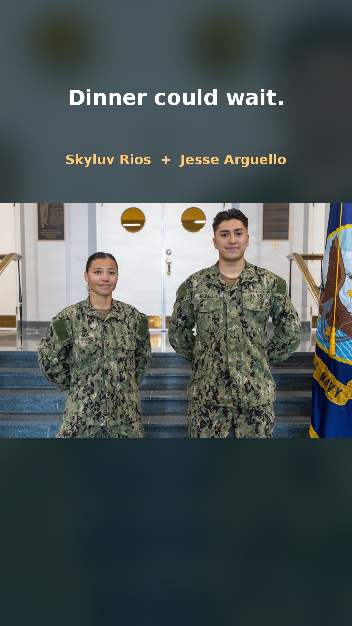 Navy airmen Skyluv Rios, left, and Jesse Arguello stand together at Naval Air Station Pensacola following the rescue.