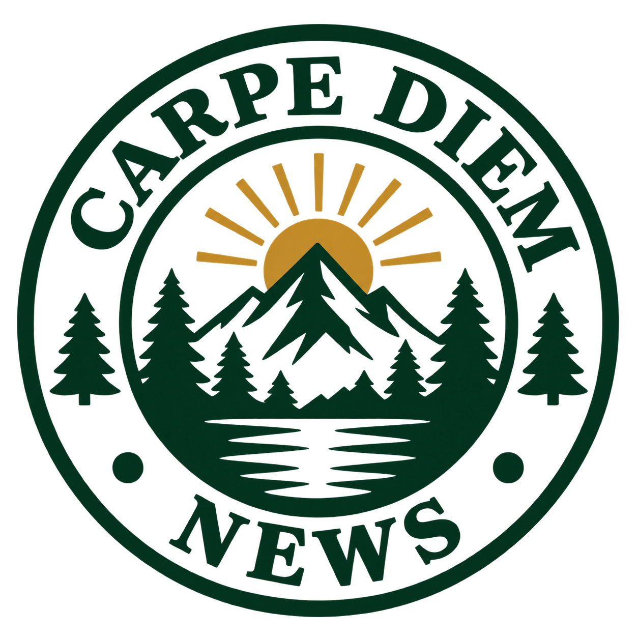 Circular Carpe Diem News badge with mountains and a rising sun